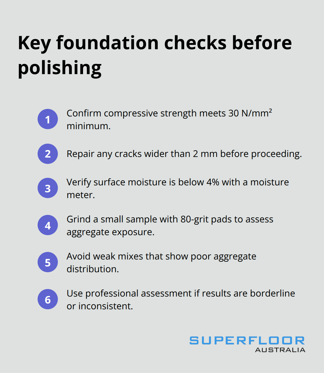 Compact list of essential foundation checks before polishing white concrete in Australia - polished white concrete flooring
