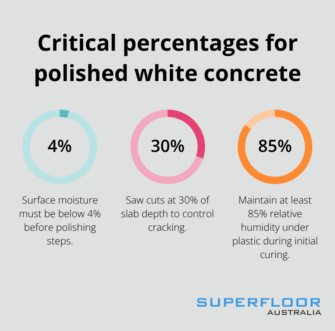 Percentage chart showing key thresholds: moisture limit, saw cut depth, and curing humidity for polished white concrete