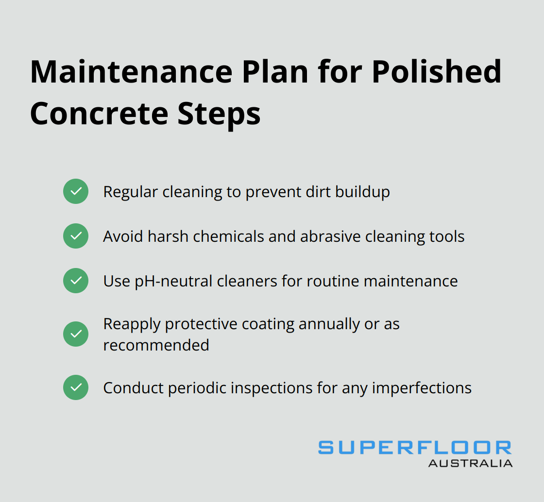 A checkmark list showing key maintenance tasks for polished concrete steps: Regular cleaning, Avoid harsh chemicals, Use neutral cleaners, Reapply protective coating annually, and Conduct periodic inspections. - polishing concrete steps