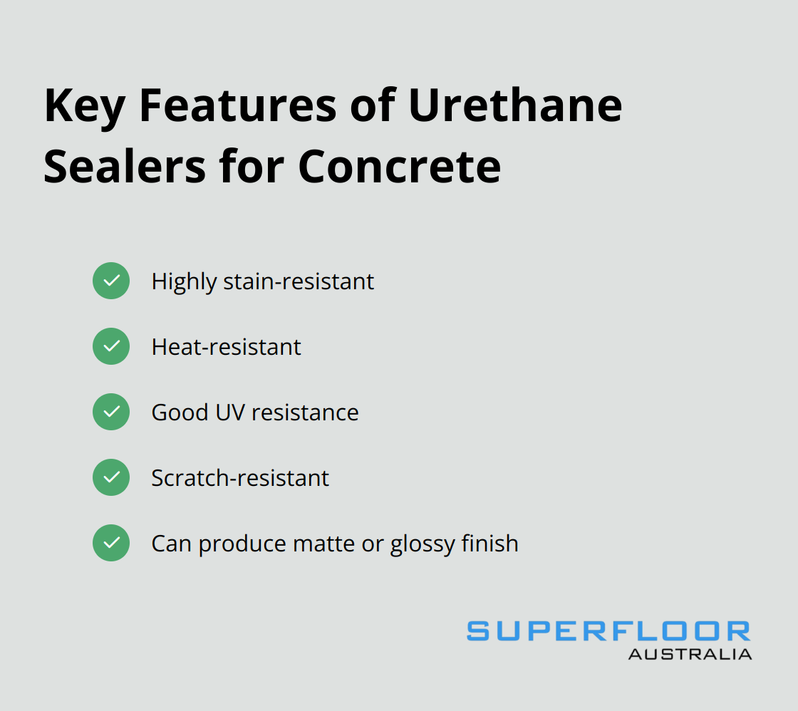 A checklist of key features of urethane sealers for concrete: stain resistance, heat resistance, UV resistance, scratch resistance, and versatile finish options.