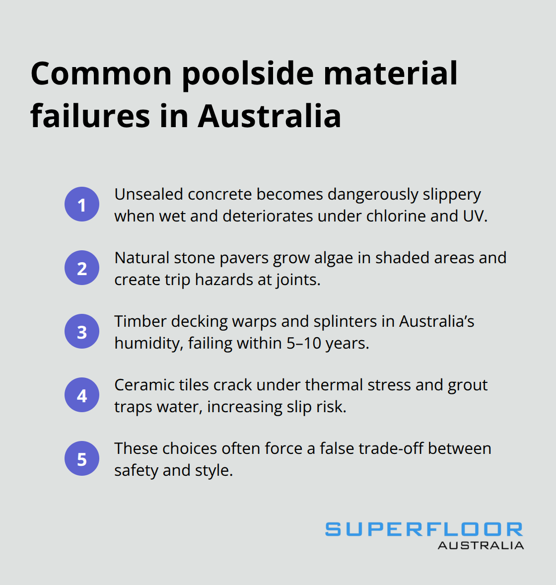 Summary of why common poolside materials fail in Australian conditions - pool area honed concrete