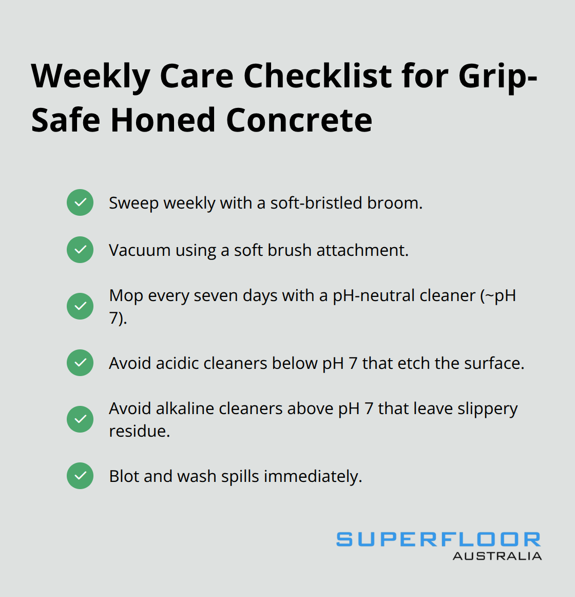 Checklist of simple weekly maintenance steps to keep poolside honed concrete safe and clean - poolside honed concrete brisbane