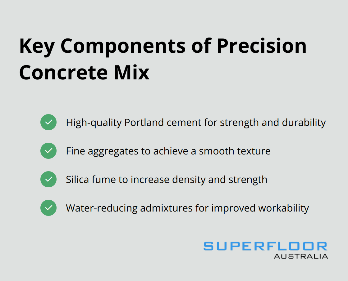 Checkmark list showing the essential ingredients in a precision concrete flooring mix