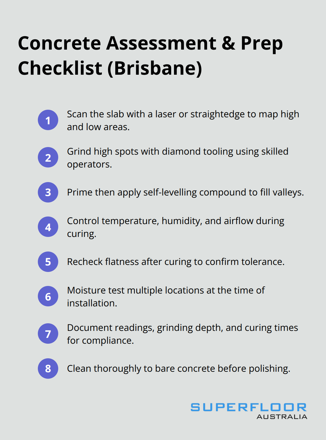 Compact checklist of essential assessment and preparation steps for Brisbane concrete polishing. - precision concrete prep Brisbane