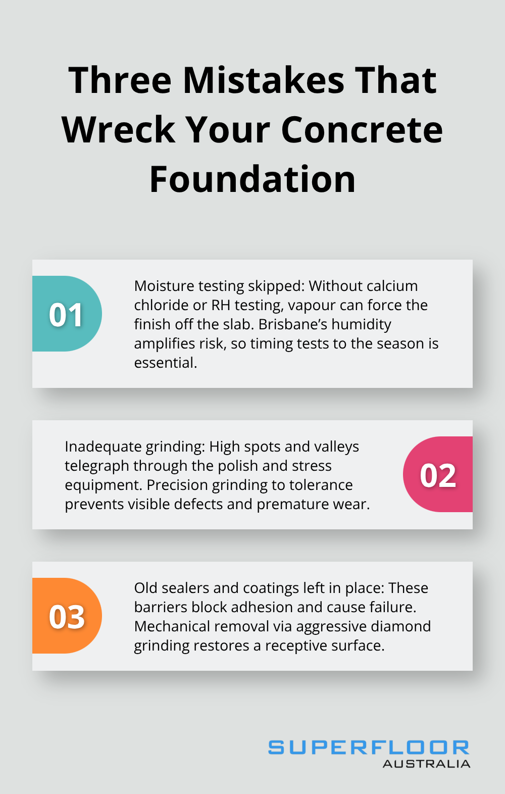 Stylised list of the three most damaging concrete prep mistakes and their impacts. - precision concrete prep Brisbane