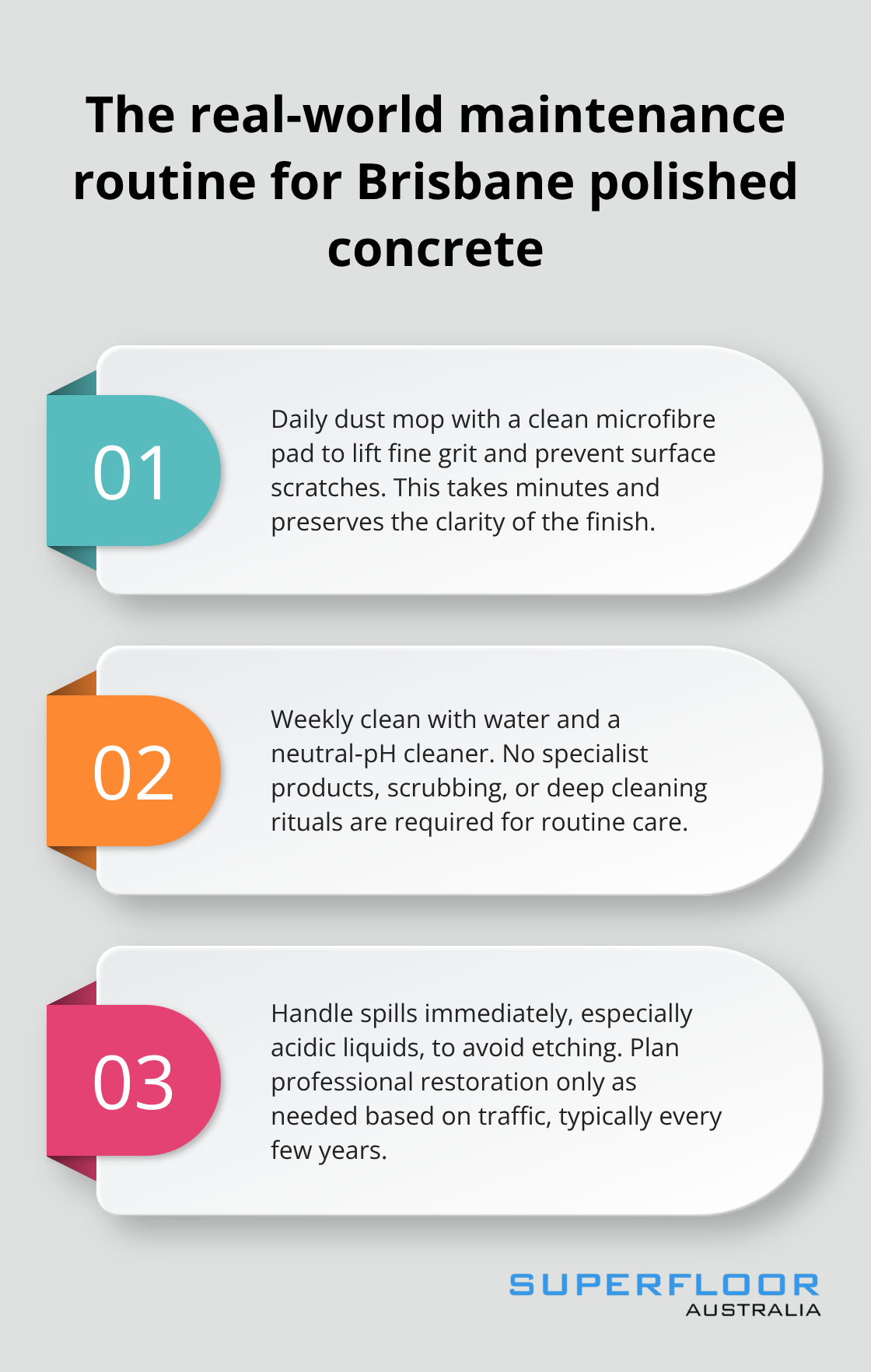 Three-step maintenance routine for residential polished concrete floors in Brisbane homes - residential polished concrete Brisbane