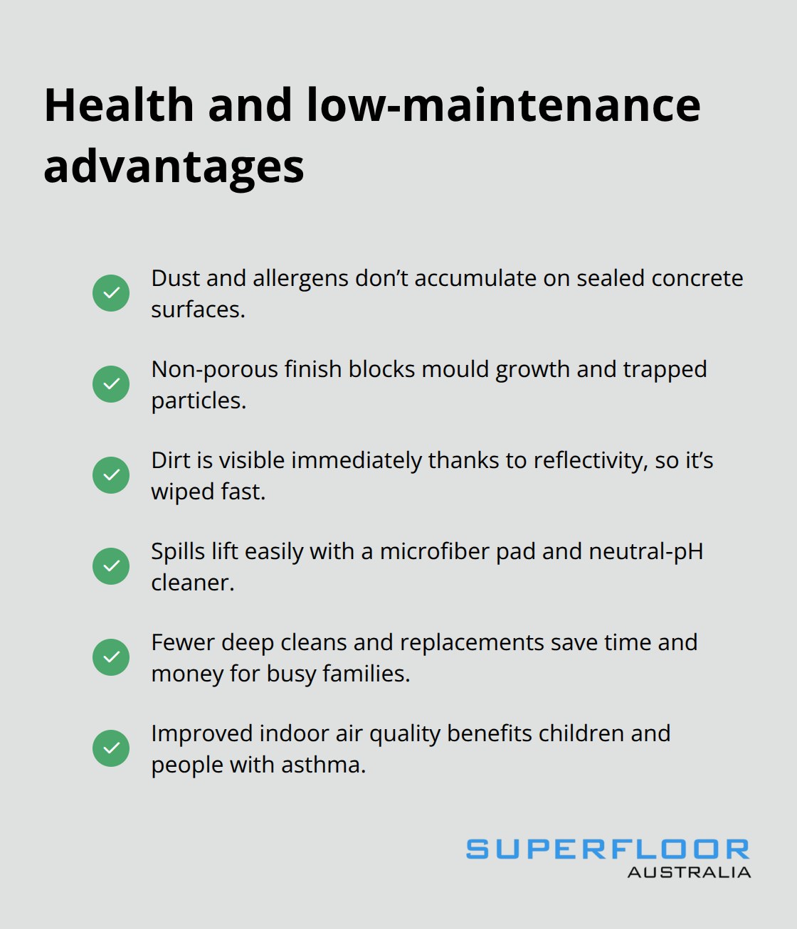 Checkmark list of cleanliness and maintenance benefits of polished concrete