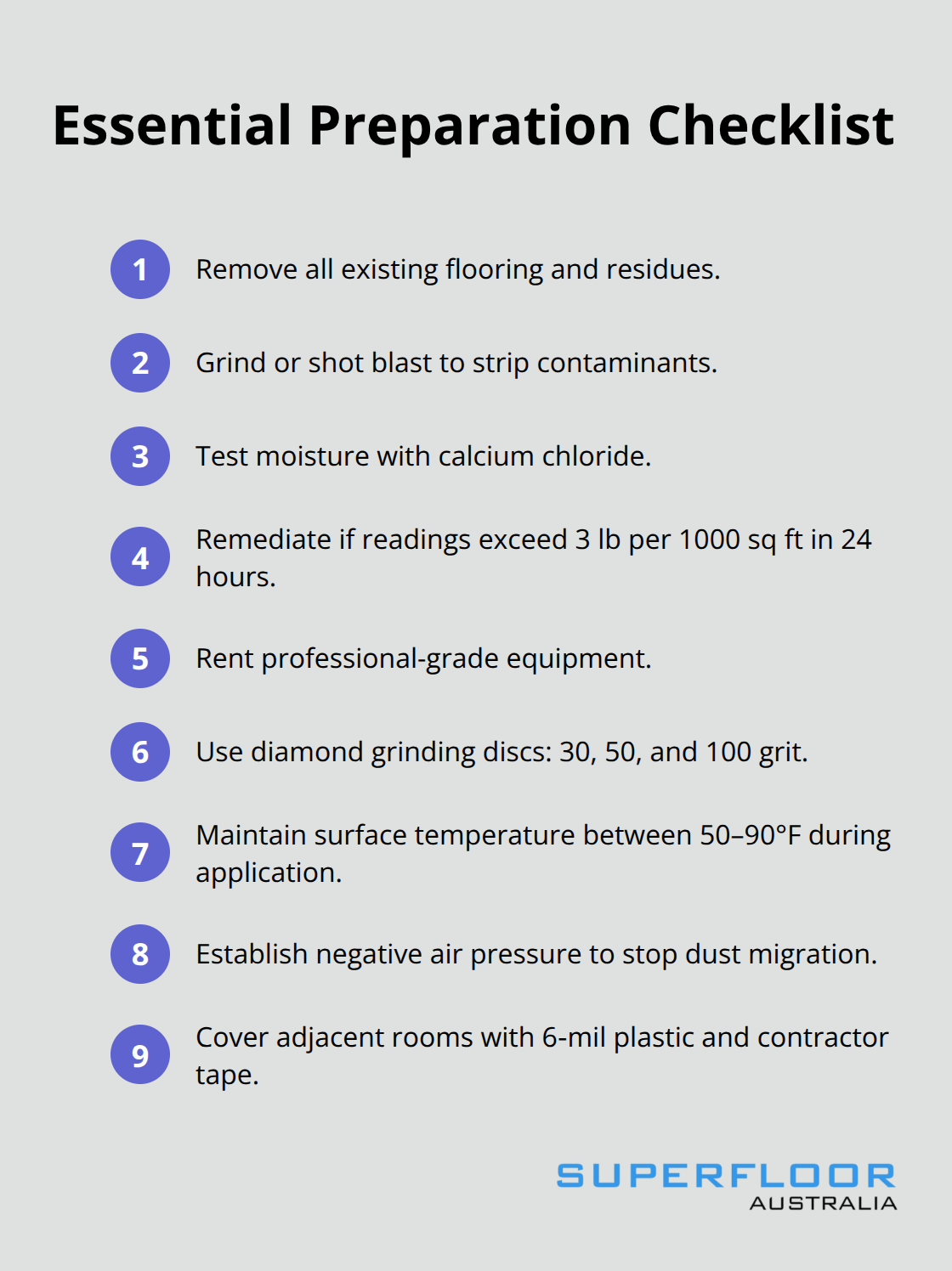 Compact checklist of key preparation steps for rustic concrete floor installation. - rustic concrete floors in house