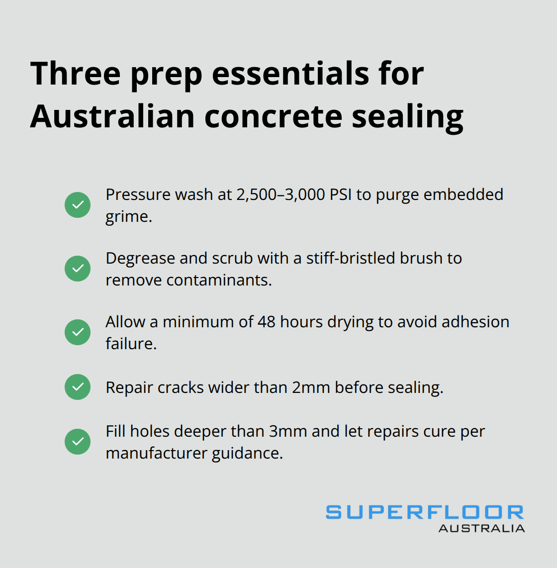 Checklist of critical concrete preparation steps before sealing in Australia - sealing of concrete floors