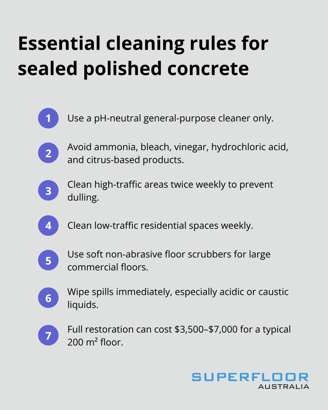 Compact checklist of cleaning actions and frequencies to protect sealed polished concrete floors. - sealing polished concrete floors