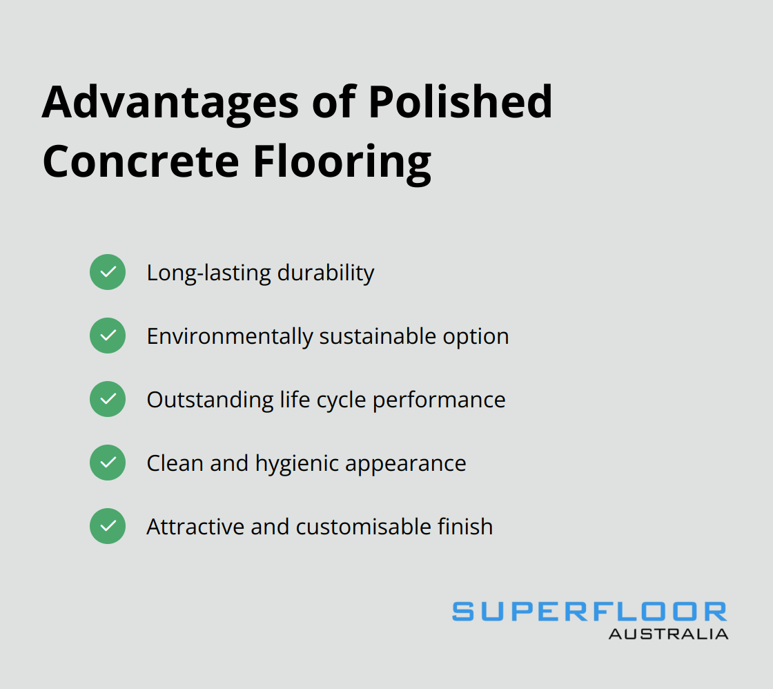 A checkmark list showing five advantages of polished concrete flooring: Long-lasting, Environmentally sustainable, Outstanding life cycle performance, Clean appearance, and Attractive finish.