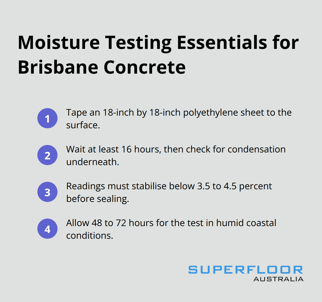 Compact list outlining key moisture testing steps and thresholds for outdoor concrete in Brisbane - slip resistant outdoor concrete