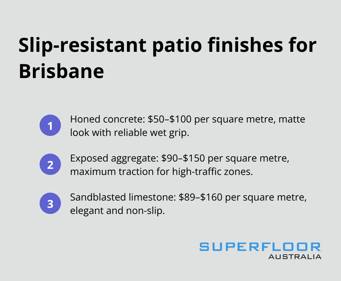 Three leading slip-resistant patio finishes in Brisbane with typical price ranges. - slip resistant patios Brisbane