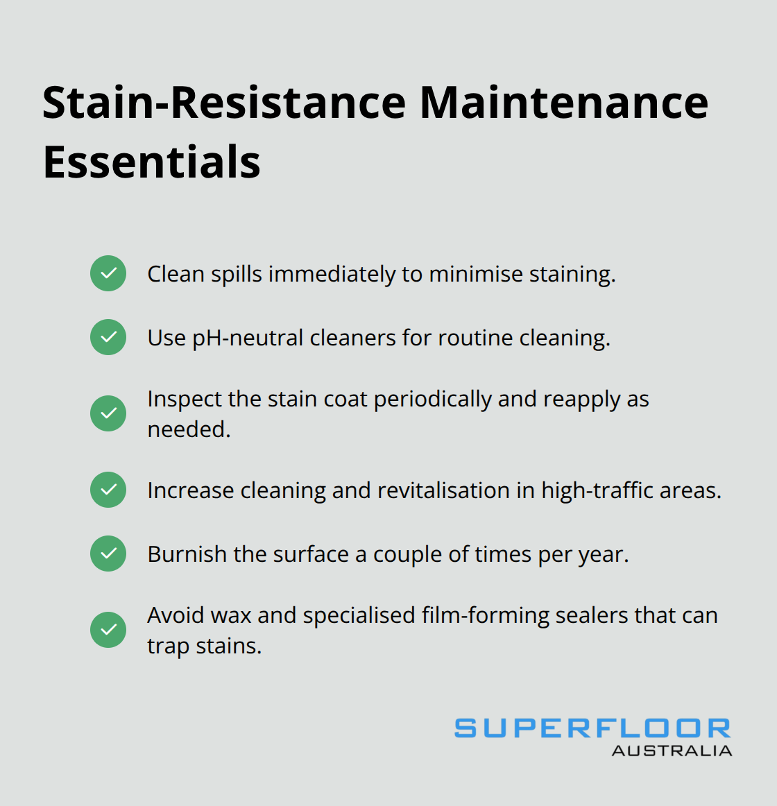 Checklist of key maintenance practices to preserve stain-resistant polished concrete in Australian homes and businesses. - stain resistant concrete floors
