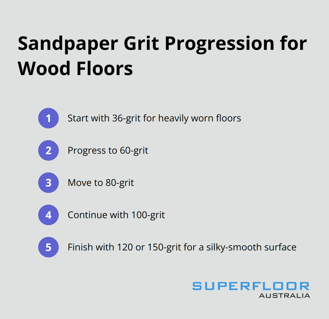 A chart showing the progression of sandpaper grits used for sanding wooden floors, from coarse to fine. - superbly polished floors